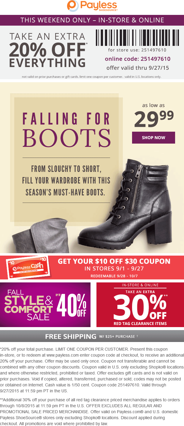 Payless Shoesource Coupon April 2024 20% off everything at Payless Shoesource, or online via promo code 251497610