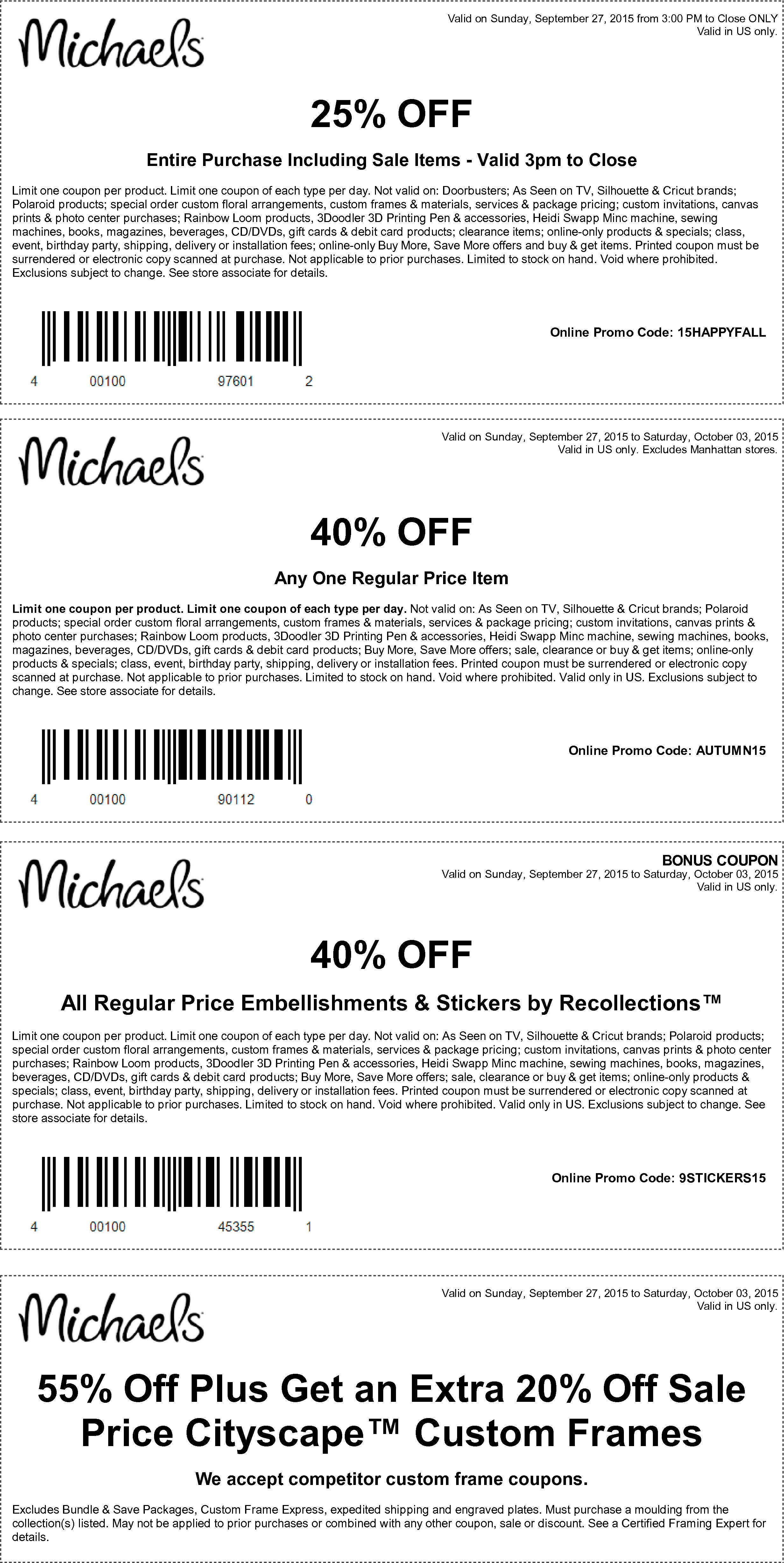 Michaels Coupon April 2024 25% off everything Sunday, 40% off a single item & more at Michaels, or online via promo code AUTUMN15