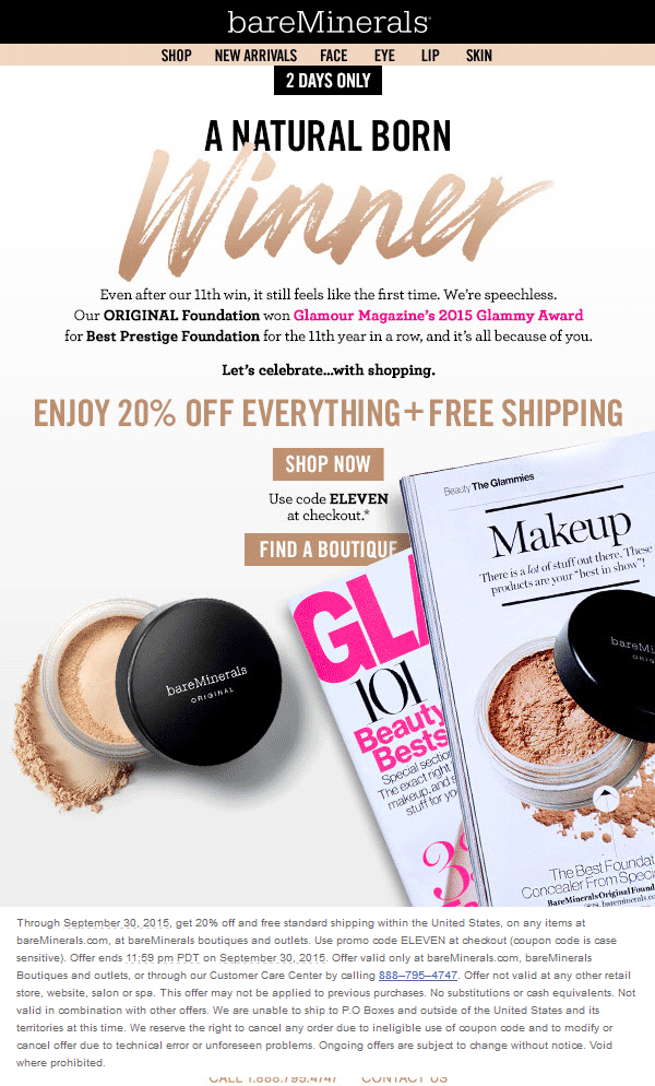 bareMinerals Coupon April 2024 20% off everything at bareMinerals, or online via promo code ELEVEN