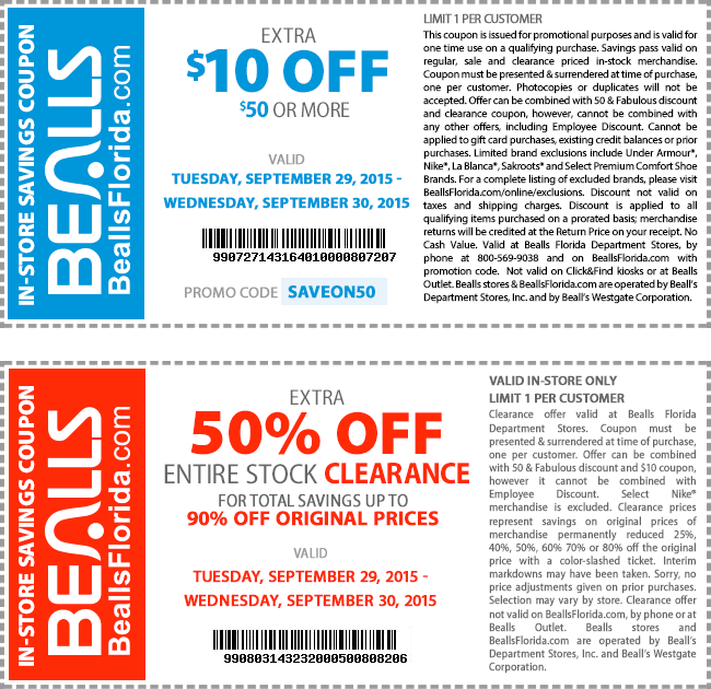 Bealls Coupon April 2024 $10 off $50 & more at Bealls, or online via promo code SAVEON50
