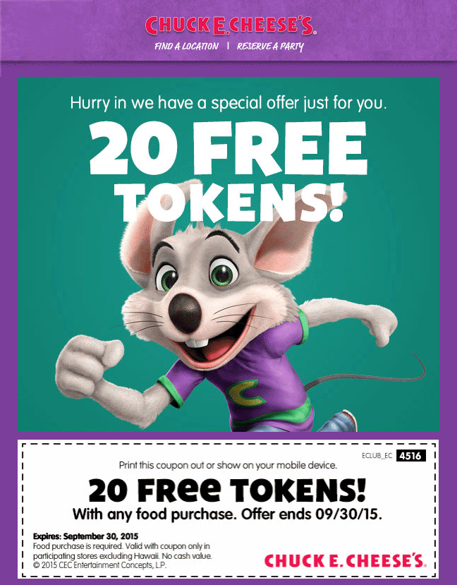 Chuck E. Cheese Coupon April 2024 20 free game tokens with your food at Chuck E. Cheese pizza