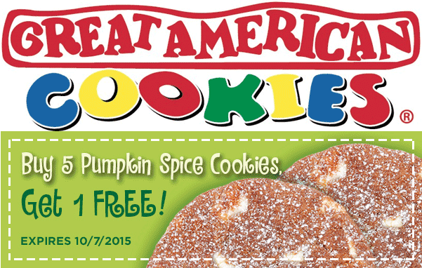 Great American Cookies Coupon April 2024 6th pumpkin spice cookie free at Great American Cookies