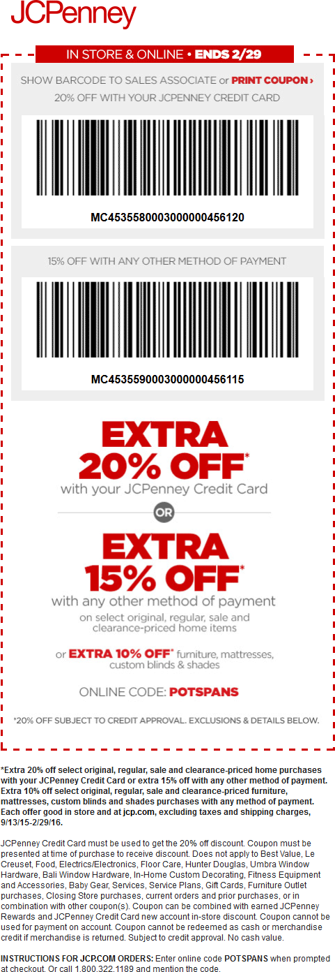 JCPenney Coupon April 2024 15% off home items at JCPenney, or online via promo code POTSPANS