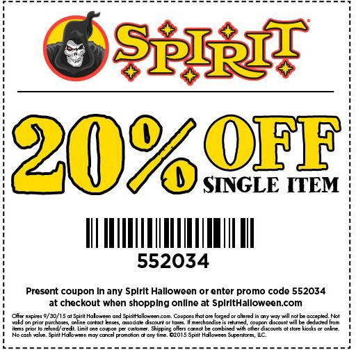 Spirit Halloween Coupon April 2024 20% off a single item at Spirit Halloween, or online via promo code 552034