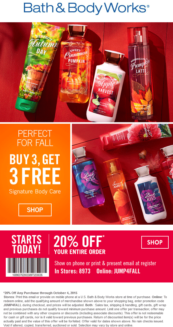 Bath & Body Works Coupon April 2024 20% off at Bath & Body Works, or online via promo code JUMP4FALL