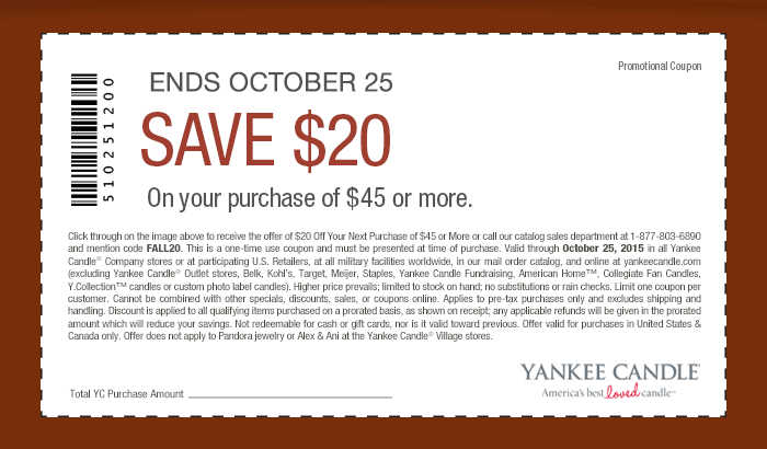 Yankee Candle Coupon April 2024 $20 off $45 at Yankee Candle, or online via promo code FALL20