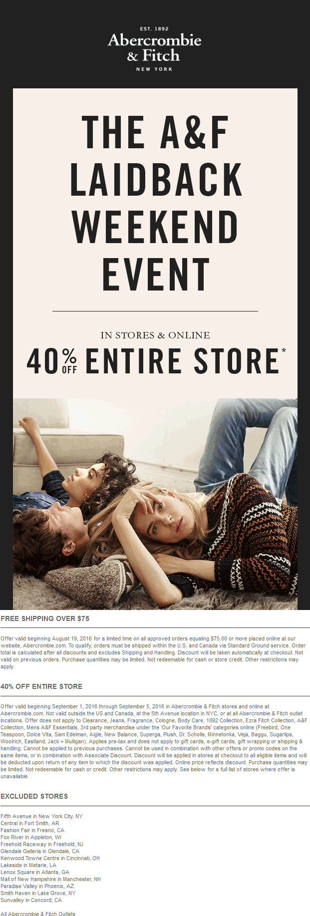 Abercrombie & Fitch Coupon March 2024 40% off everything at Abercrombie & Fitch, ditto online