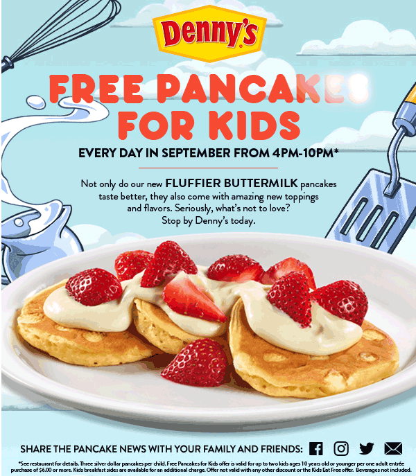 Dennys Coupon April 2024 Free pancakes for kids evenings 4-10p at Dennys