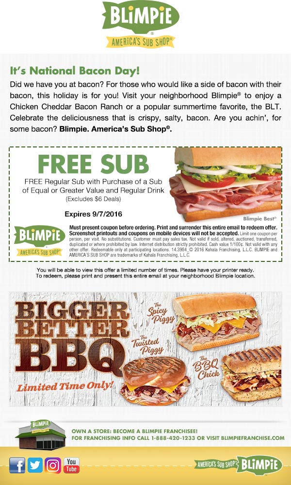 Blimpie Coupon April 2024 Second sandwich free at Blimpie sub shops