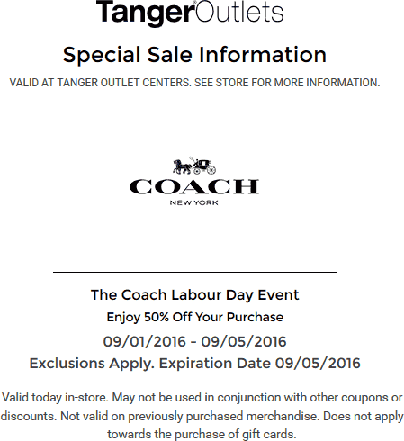 Coach Coupon April 2024 50% off at Tanger Outlet Coach stores