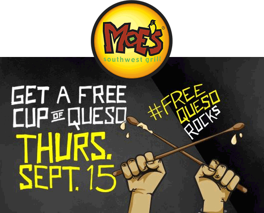 Moes Southwest Grill Coupon March 2024 Free cup of queso the 15th at Moes Southwest Grill