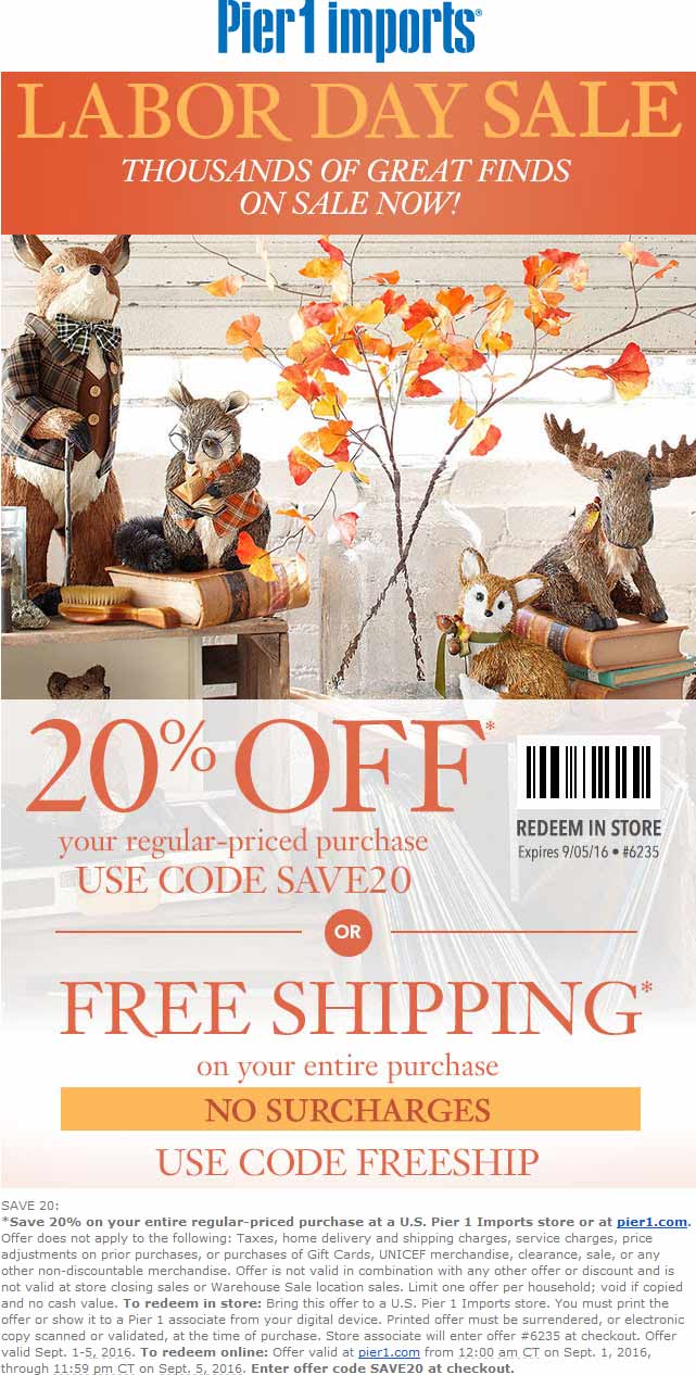 Pier 1 Coupon April 2024 20% off at Pier 1 Imports, or online via promo code SAVE20
