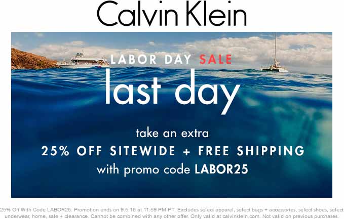 Calvin Klein Coupon April 2024 25% off + free ship online today at Calvin Klein via promo code LABOR25