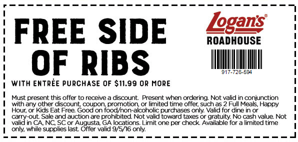 Logans Roadhouse Coupon April 2024 Free ribs with your entree today at Logans Roadhouse