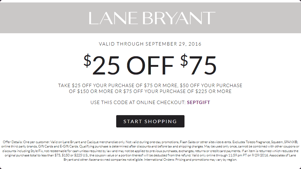 Lane Bryant Coupon March 2024 $25 off $75 at Lane Bryant, or online via promo code SEPTGIFT
