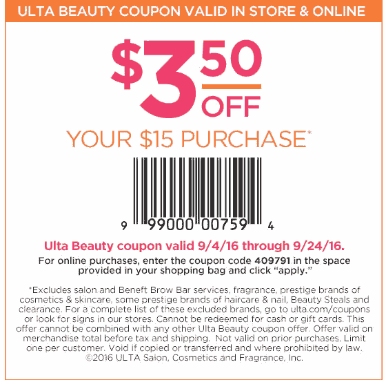 Ulta Beauty Coupon April 2024 $3 off $15 at Ulta Beauty, or online via promo code 409791