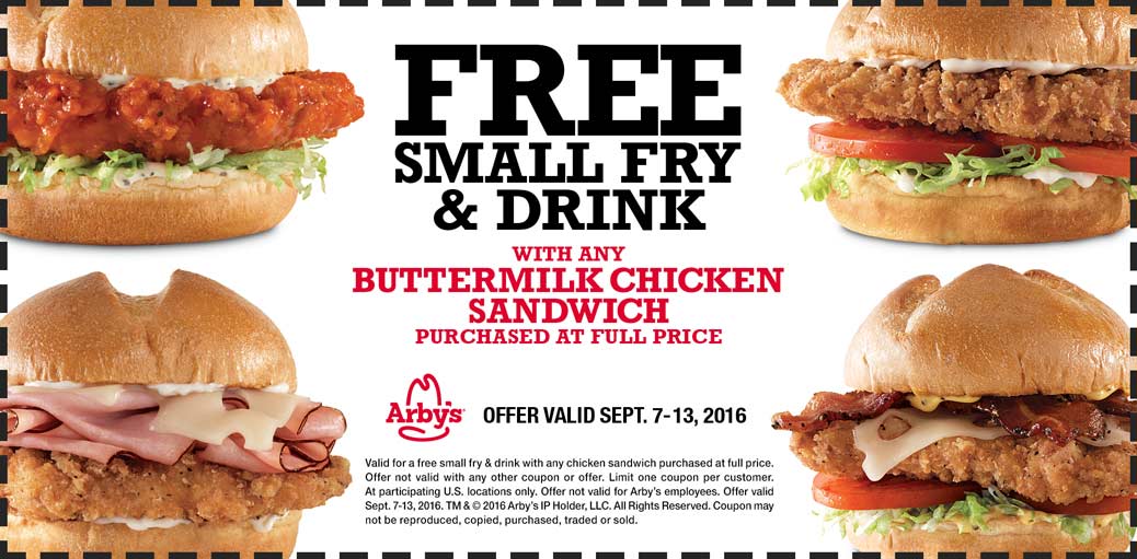 Arbys Coupon April 2024 Free fries & drink with your chicken sandwich at Arbys