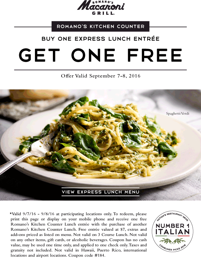 Macaroni Grill Coupon March 2024 Second lunch free at Macaroni Grill