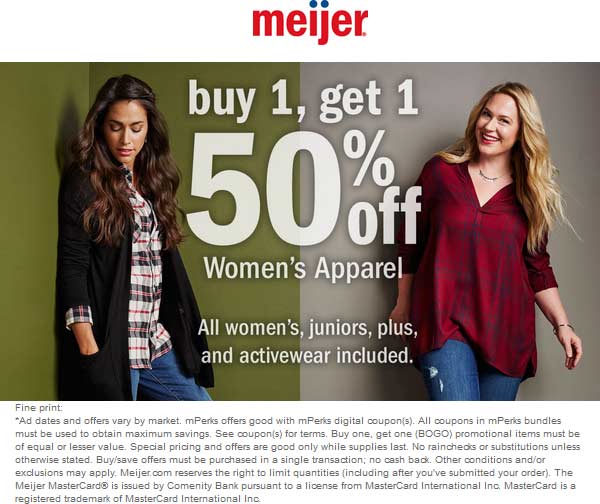 Meijer Coupon March 2024 Second womens apparel 50% off at Meijer, ditto online