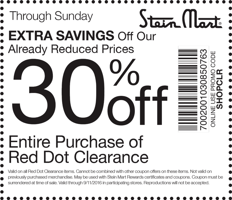 Stein Mart Coupon April 2024 30% off red dot clearance at Stein Mart, or online via promo code SHOPCLR