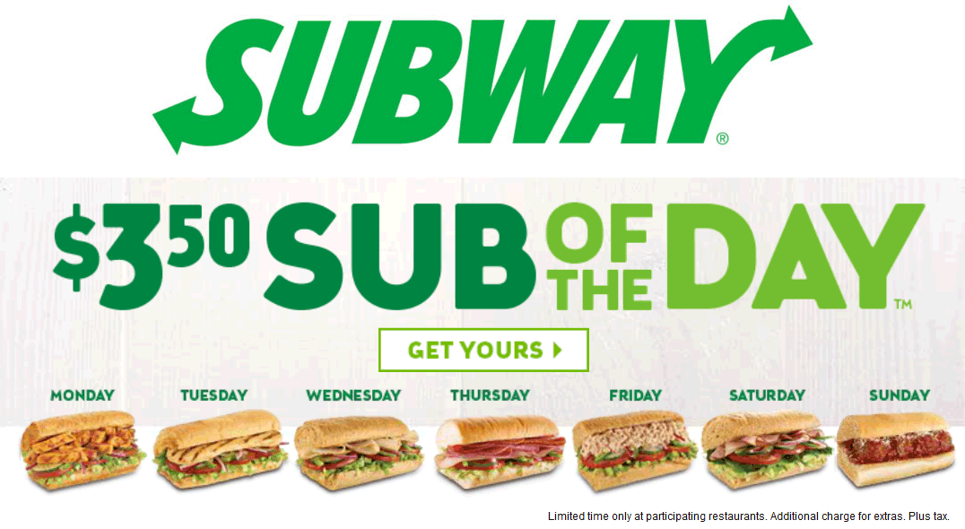 Subway Coupon April 2024 $3.50 sub of the day going on at Subway