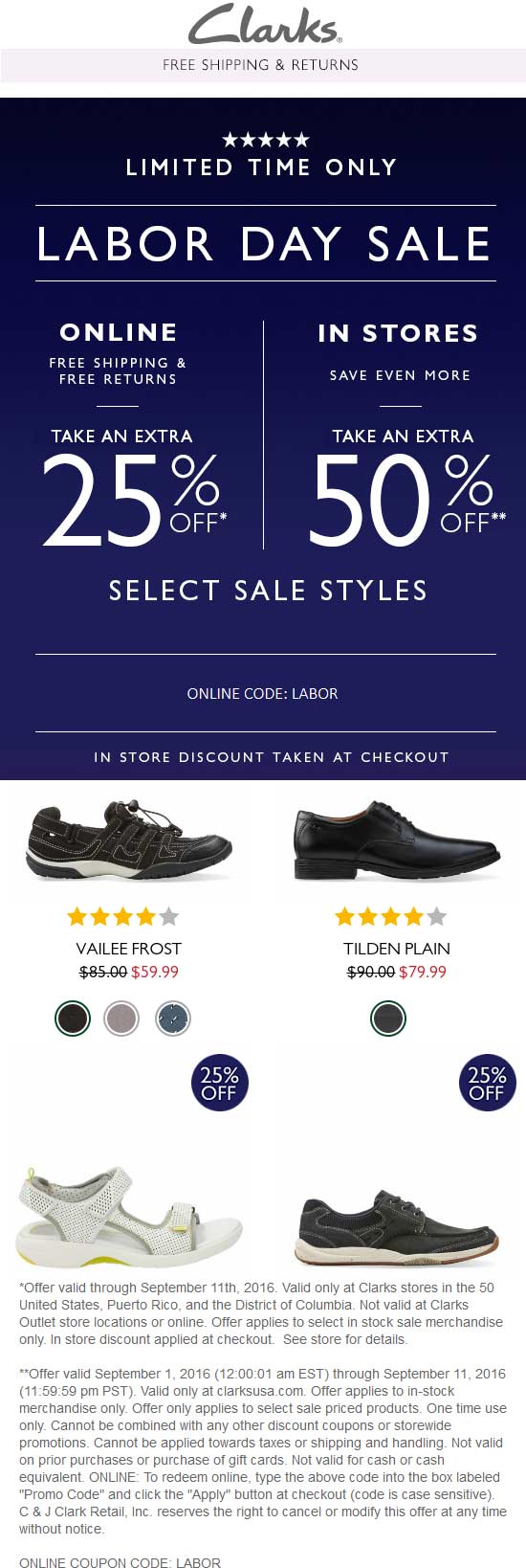 Clarks Coupon April 2024 Extra 50% off at Clarks, or 25% online via promo code LABOR