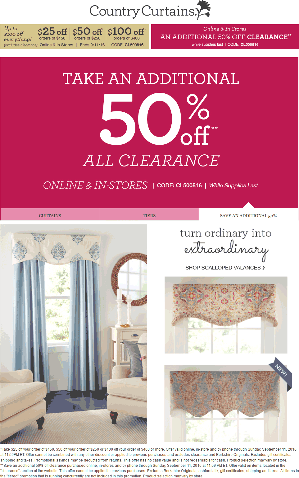 Country Curtains Coupon April 2024 $25 off $150 & more + extra 50% off clearance at Country Curtains, or online via promo code CL500816