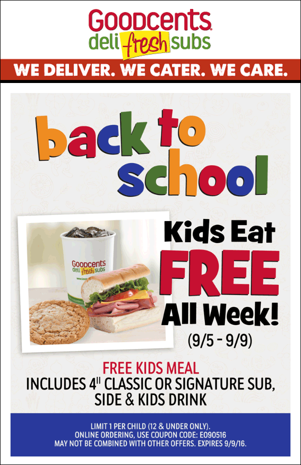 Goodcents Coupon April 2024 Kids eat free at Goodcents deli fresh subs