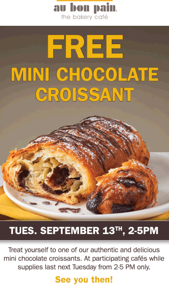 Au Bon Pain Coupon April 2024 Free chocolate croissant Tuesday at Au Bon Pain cafe