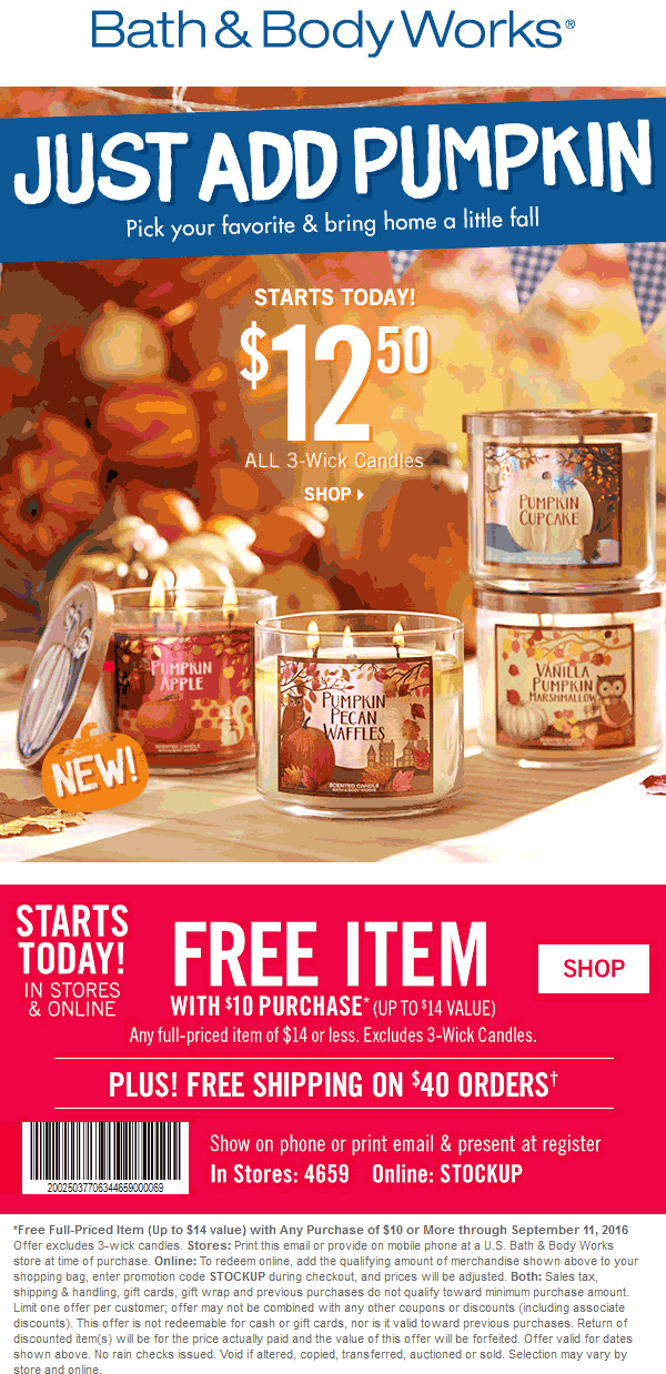 Bath & Body Works Coupon April 2024 $14 item free with $10 spent at Bath & Body Works, or online via promo code STOCKUP