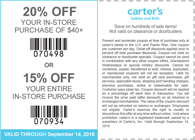 Carters Coupon April 2024 15-20% off at Carters, or online via promo code CART3282