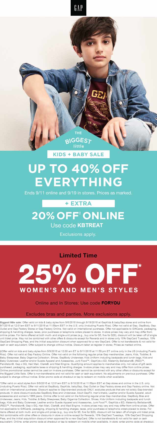Gap Coupon March 2024 25% off adult, 40% off kids at Gap, or online via promo code FORYOU