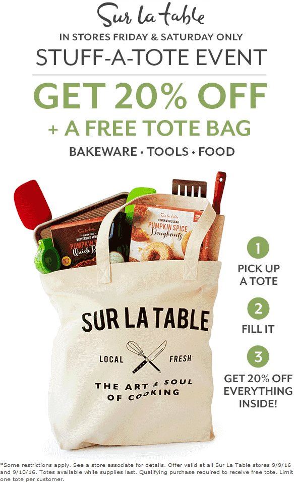 Sur La Table Coupon March 2024 20% whatever fits in a free tote today at Sur la Table
