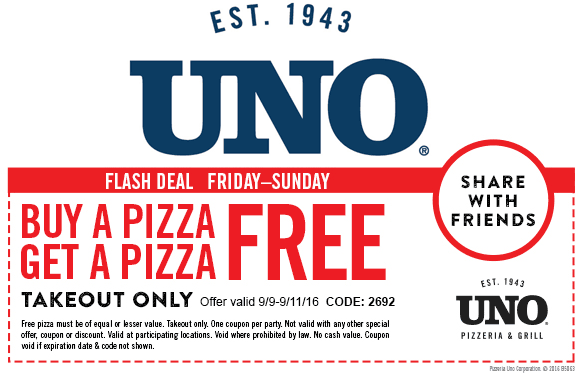 Uno Pizzeria Coupon April 2024 Second takeout pizza free at UNO Pizzeria