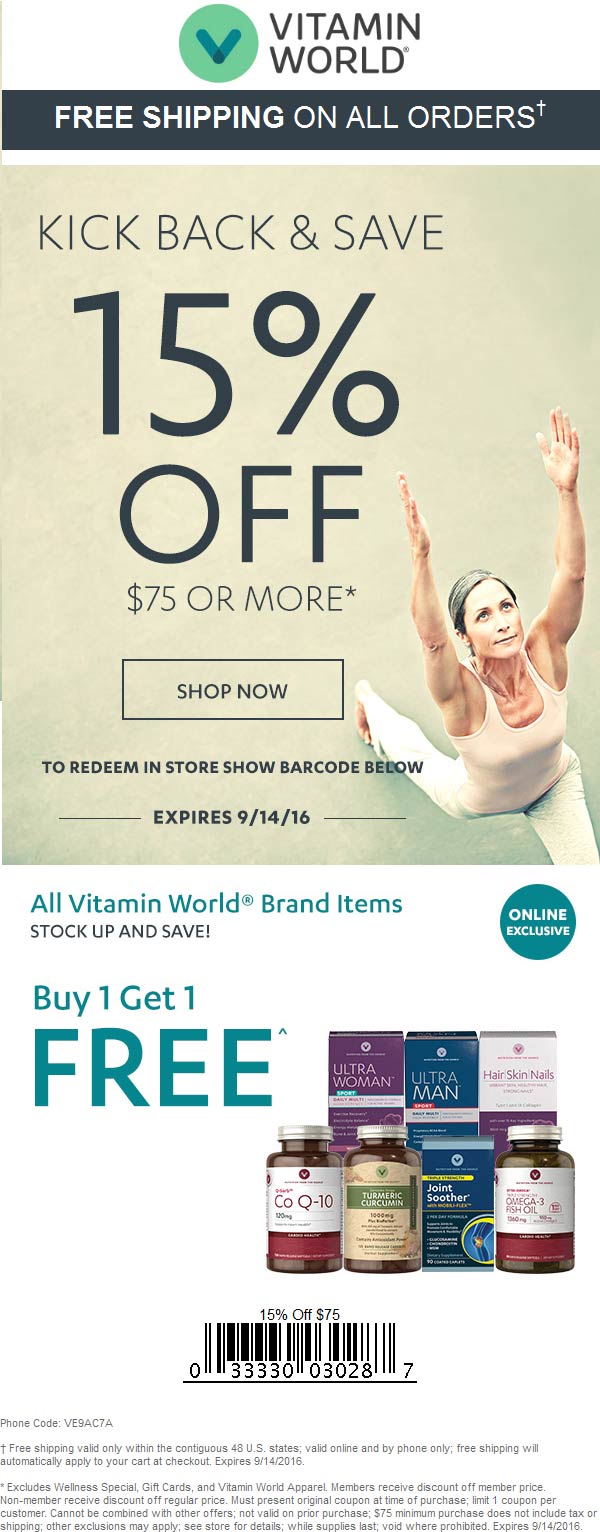 Vitamin World Coupon March 2024 15% off $75 at Vitamin World, or online via promo code VE9AC7A