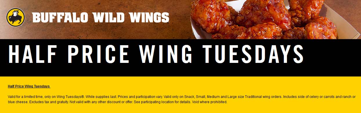 Buffalo Wild Wings Coupon April 2024 50% off wings Tuesdays at Buffalo Wild Wings restaurants
