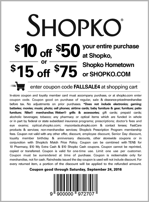 Shopko Coupon April 2024 $10 off $50 & more at Shopko, or online via promo code FALLSALE4