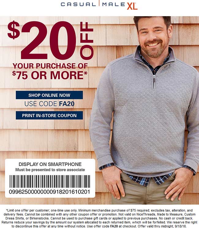 Casual Male XL Coupon April 2024 $20 off $75 at Casual Male XL, or online via promo code FA20