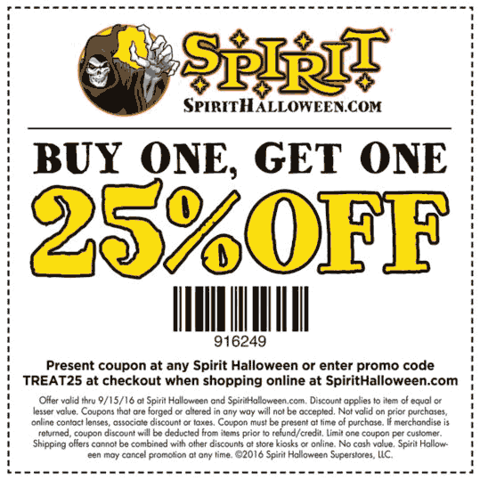 Spirit Halloween Coupon April 2024 Second item 25% off at Spirit Halloween, or online via promo code TREAT25