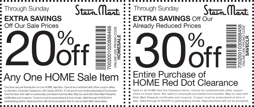 Stein Mart Coupon March 2024 20% off a single sale item & more at Stein Mart, or online via promo code HOMESALE