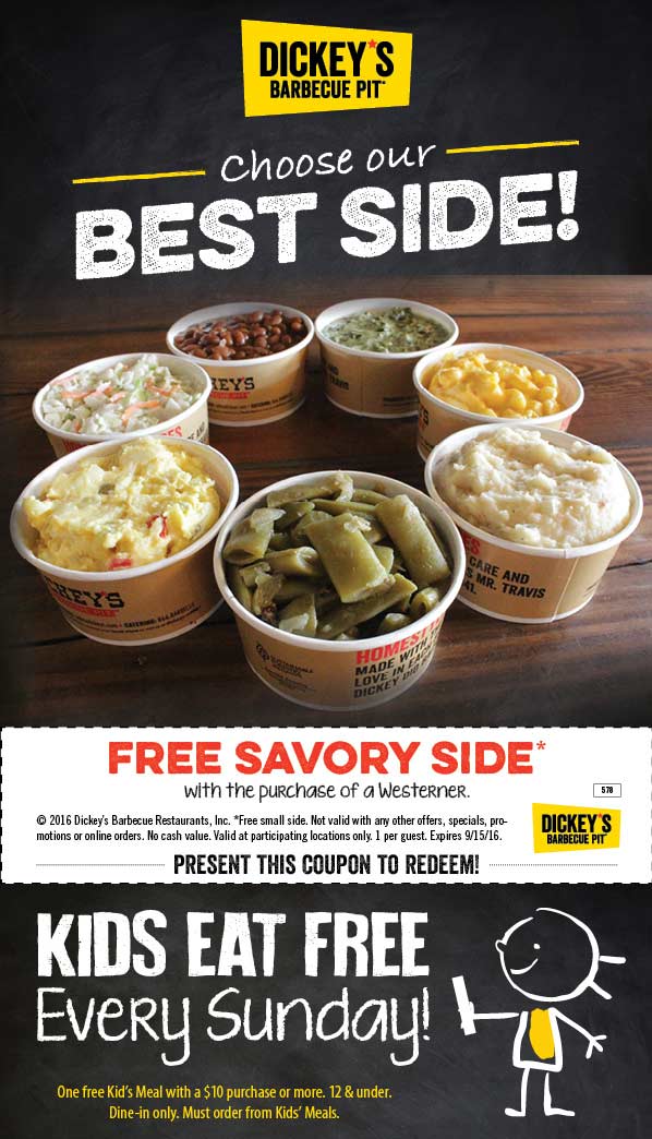 Dickeys Barbecue Pit Coupon May 2024 Free side with your westerner at Dickeys Barbecue Pit restaurants