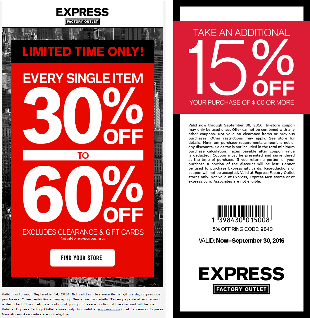 Express Factory Outlet Coupon April 2024 Everything is 30-60% off today at Express Factory Outlet