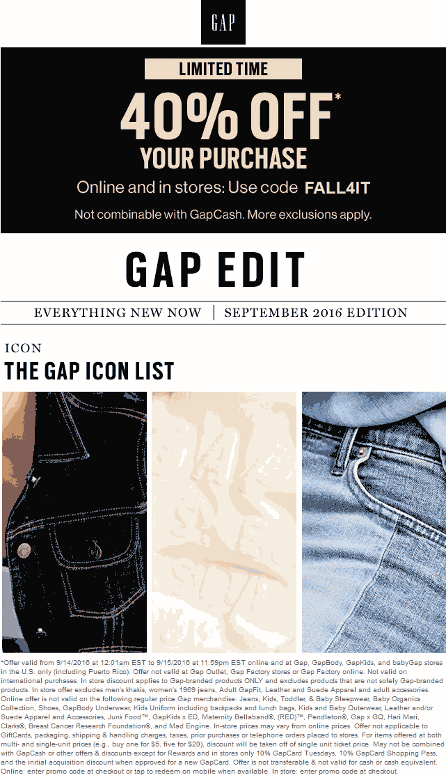 Gap Coupon April 2024 40% off at Gap, or online via promo code FALL4IT