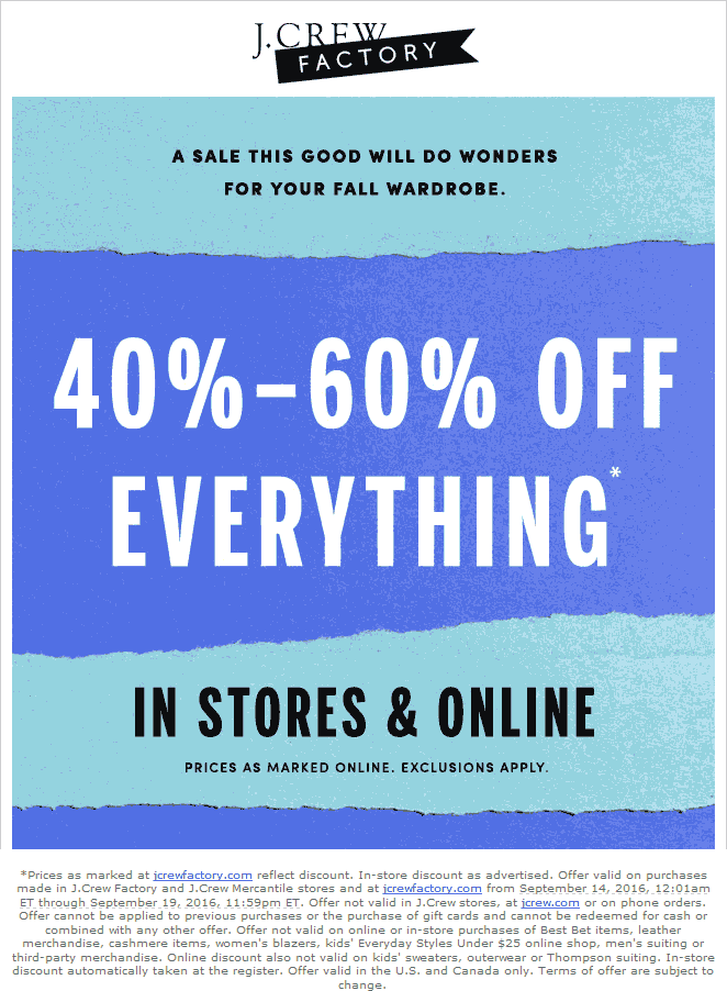 J.Crew Factory Coupon March 2025 40-60% off everything at J.Crew Factory, ditto online