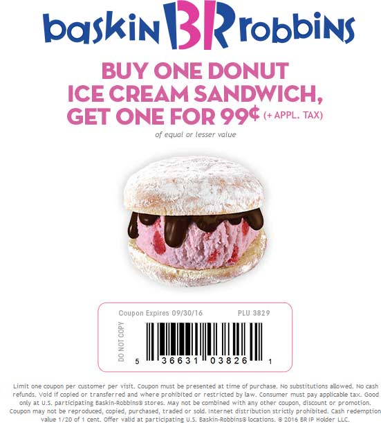 Baskin Robbins Coupon April 2024 Second donut ice cream sandwich for a buck at Baskin Robbins