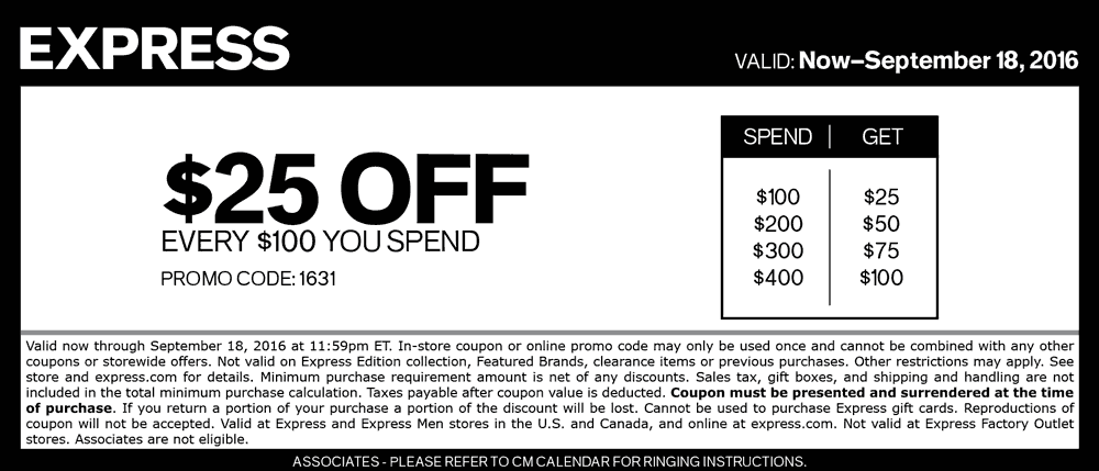Express Coupon April 2024 $25 off every $100 at Express, or online via promo code 1631