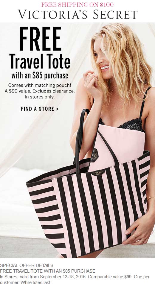 Victorias Secret Coupon April 2024 $99 tote & pouch free with $85 spent at Victorias Secret