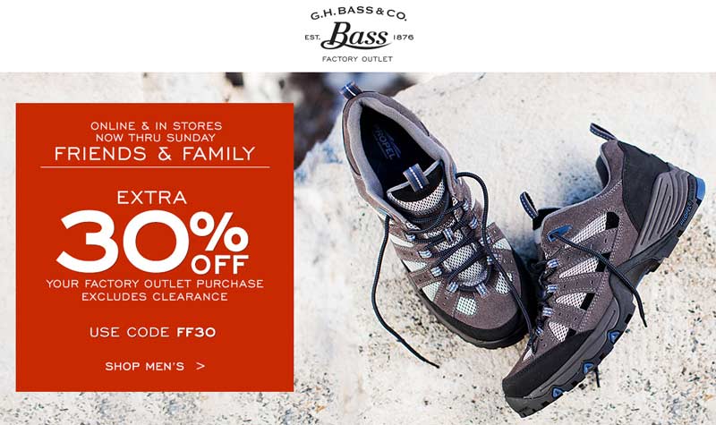 G.H. Bass Factory Outlet Coupon April 2024 Extra 30% off at G.H. Bass Factory Outlet, or online via promo code FF30