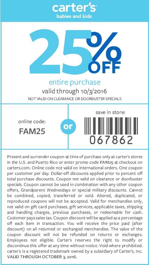 Carters Coupon April 2024 25% off at Carters, or online via promo code FAM25