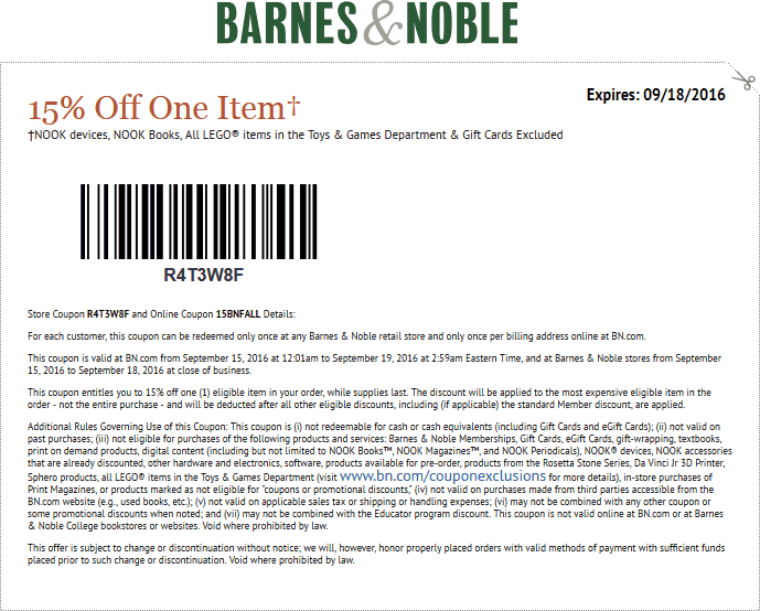 Barnes & Noble Coupon April 2024 15% off a single item at Barnes & Noble, or online via promo code 15BNFALL